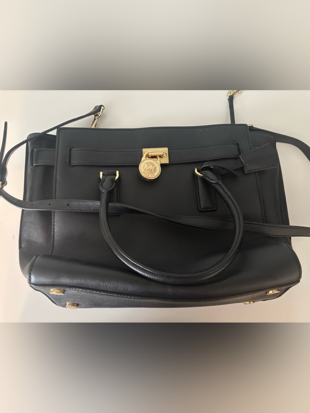 Michael Kors Black Leather Satchel with Gold-Tone Lock